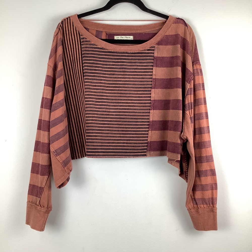 Free People Multi Striped Cropped Long Sleeve Top